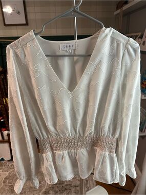 THML Cream Textured Floral V-Neck Smocked Waist Long Sleeve Dress